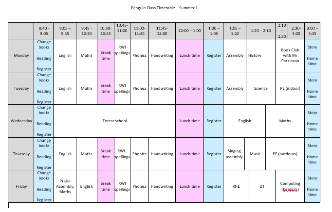 Summer 1 timetable